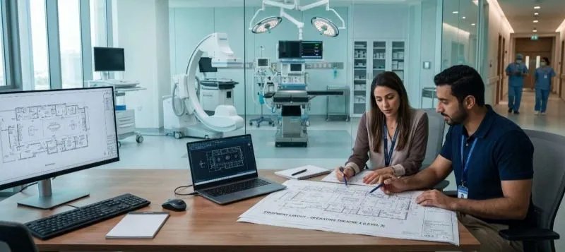 Alpha engineers reviewing a facility layout drawing